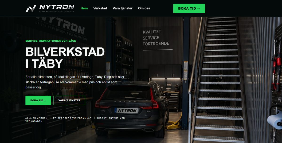 A NYTRON autószerviz weboldalának kezdőlapja