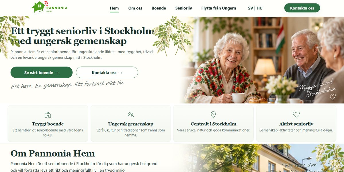 A Pannonia Hem szenior lakóotthon weboldalának kezdőlapja